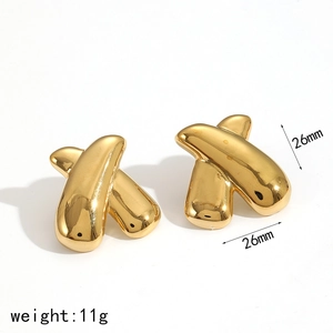 Fashion geometric X-shaped 18K gold plated titanium steel earrings, 26mm size