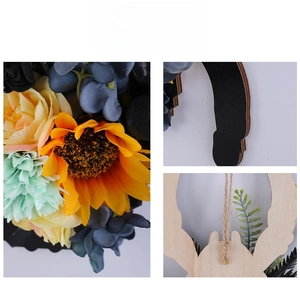 Détails de la couronne florale de tournesols avec base en bois et corde de jute rustique