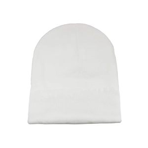 Detailed close-up of plain white knitted brimless beanie showing fine rib texture