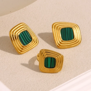 Vintage 18K gold plated stainless steel jewelry set with malachite pattern acrylic