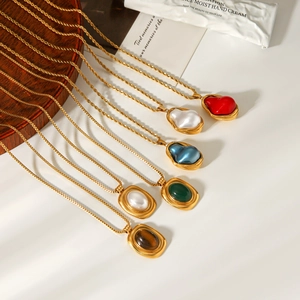 French vintage style stainless steel necklaces with colorful semi-precious stone pendants