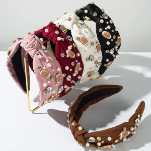 Fashion Wide Brim Knot Headband With Rhinestone Artificial Pearl And Rugby Decor Sporty Casual Hair Band For Women Hair Accessories