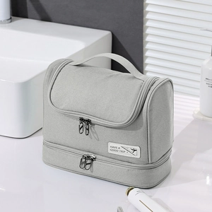 Minimalist grey large travel cosmetic bag with dry-wet separation and double zippers