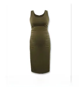 Detail of army green sleeveless maternity dress with side ruching for a slim fit look
