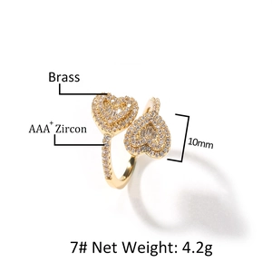 Gold double heart ring with AAA+ zircon stones on brass, size 7, weighing 4.2 grams
