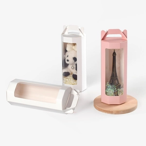 Hexagonal PVC window gift box with handles for flowers and dolls, white and pink versions