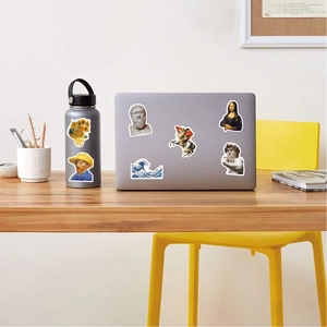 50pcs world classic oil painting art stickers featuring Van Gogh on laptop and water bottle