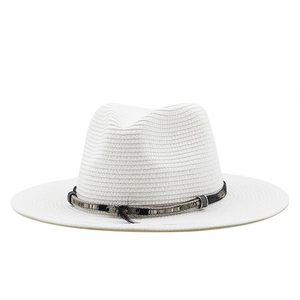 Classic white woven straw fedora hat for sun protection with black beaded feather band