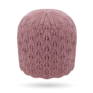 Elegante mauve roze gehaakte muts voor dames met ruitpatroon en schulprand