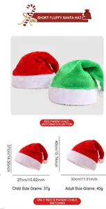 Detailed dimensions and scene of red and green plush Christmas hats for adults and kids