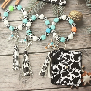 Luminous cow print silicone bead bracelet keychain set with card holder and tassel