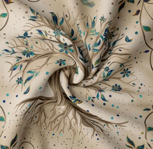 Detail of tree of life tapestry fabric showing soft texture and artistic floral prints