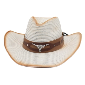 Panama straw hat with a silver bull head metal emblem and brown leather vintage band