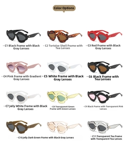 Collage of irregular wave sunglasses in twelve colors with metal star temple details
