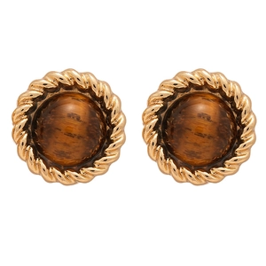 Puces d'oreilles rétro rondes oeil de tigre avec bordure dorée torsadée et argent