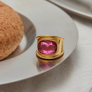 Polished 18K gold stainless steel wide ring with large rectangular pink zircon stone