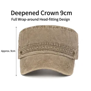 Khaki cotton flat top cadet hat for men with 9cm deep crown and vintage washed finish
