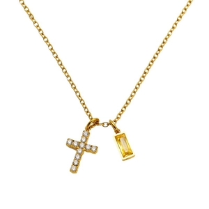Minimalist gold cross necklace with rectangular yellow zircon pendant for women