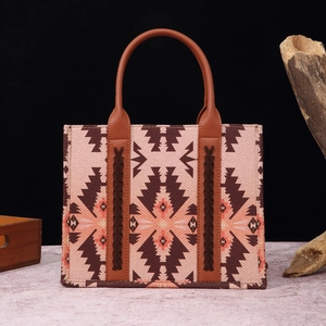 Ethnic bohemian cotton linen bag with vintage patterns and brown leather handles