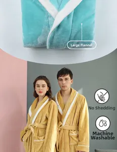 Detail of soft thick flannel bathrobe showing contrast color trim and plush fabric texture