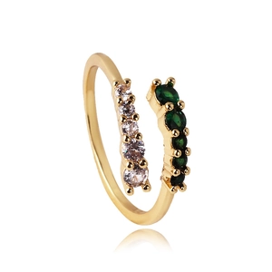 Adjustable gold plated ring featuring alternating emerald green and white zircon stones