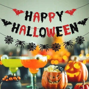 Glittery Happy Halloween banner with red bats and black spiders for party decor