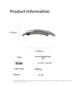 Detailed size specifications for the silver curved metal barrette showing dimensions