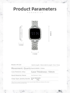 Detailed size chart for square LED touch screen watch with diamond-set metal strap