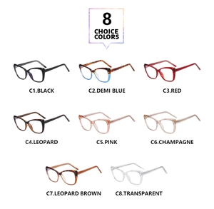 Matrix layout showing eight stylish TR90 cat-eye blue light blocking glasses in various colors