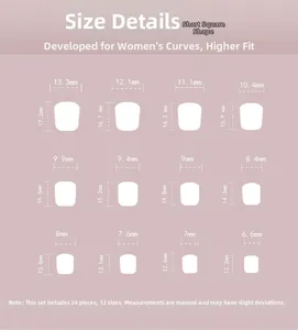 Size chart detail for short square press-on nails with 12 specific dimension measurements