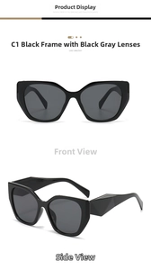 Detail of retro cat-eye sunglasses with wide geometric temples and black lenses