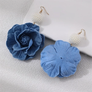 Blue denim fabric camellia flower earrings with elegant white pearl bead accents