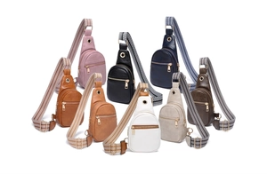 Multiple colors of trendy faux leather chest bags with patterned ethnic style wide straps