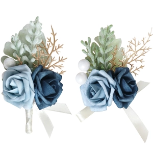 Elegant blue rose wedding corsage set with gold accents and white pearls on white background