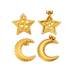 French style gold star and moon stud earrings with elegant quilted texture finish
