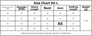 Size chart for slim fit satin shirt in sizes XS to L including shoulder and bust measurements