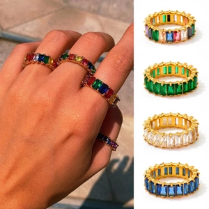 Baguette Cubic Zirconia Eternity Ring Stainless Steel Multicolor Rectangular Zircon Vintage Hip Hop Jewelry For Women