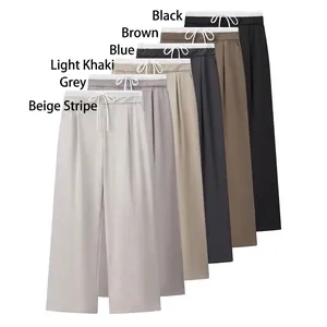 Damen High Waist Weite Hose Gewebtes Polyester Lässige Lockere Hose Schicker Doppellagiger Bund Kordelzug Elegant