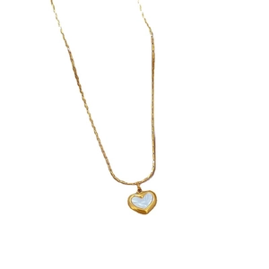 Gold titanium steel necklace featuring a heart-shaped mother-of-pearl pendant
