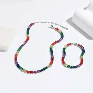 Exaggerated retro necklace and bracelet set with colorful rectangular cubic zirconia crystals