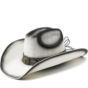 Chapeau De Cowboy Occidental Paille De Papier Tressé Large Bord Protection Solaire Boucle Tête De Taureau Rétro