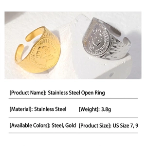 Vintage stainless steel open ring with queen portrait relief in gold and silver finish