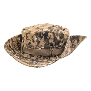 Detail view of desert digital camo boonie hat with ripstop fabric and metal ventilation eyelets