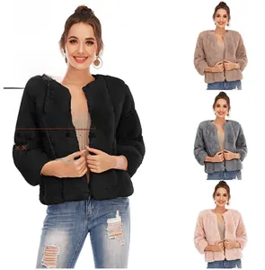 Detail view of cropped faux fur coats in four colors with thick striped texture design