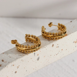 Detail of 18K gold plated stainless steel C-hoop earrings with triple-layer beaded edges