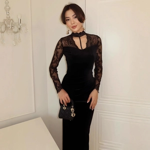 Robe Longue Noire Élégante À Manches Longues Velours Dentelle Dos Nu Moulante Robe De Soirée Pour Femmes