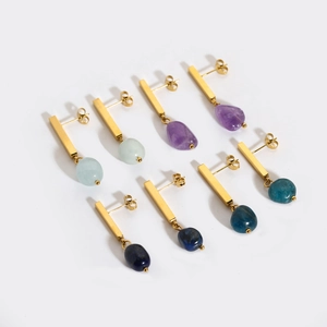 Natural Stone Drop Earrings 18K Gold Plated Stainless Steel Geometric Bar Dangle Minimalist Jewelry For Women