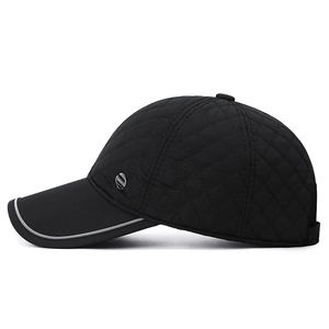 Men's winter quilted baseball cap with ear flaps and silver reflective brim trim