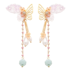 Elegant butterfly tassel earrings with pink mesh wings and hanging white pearls