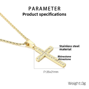 Detail view of gold stainless steel cross pendant with rhinestones and 35x21mm size info